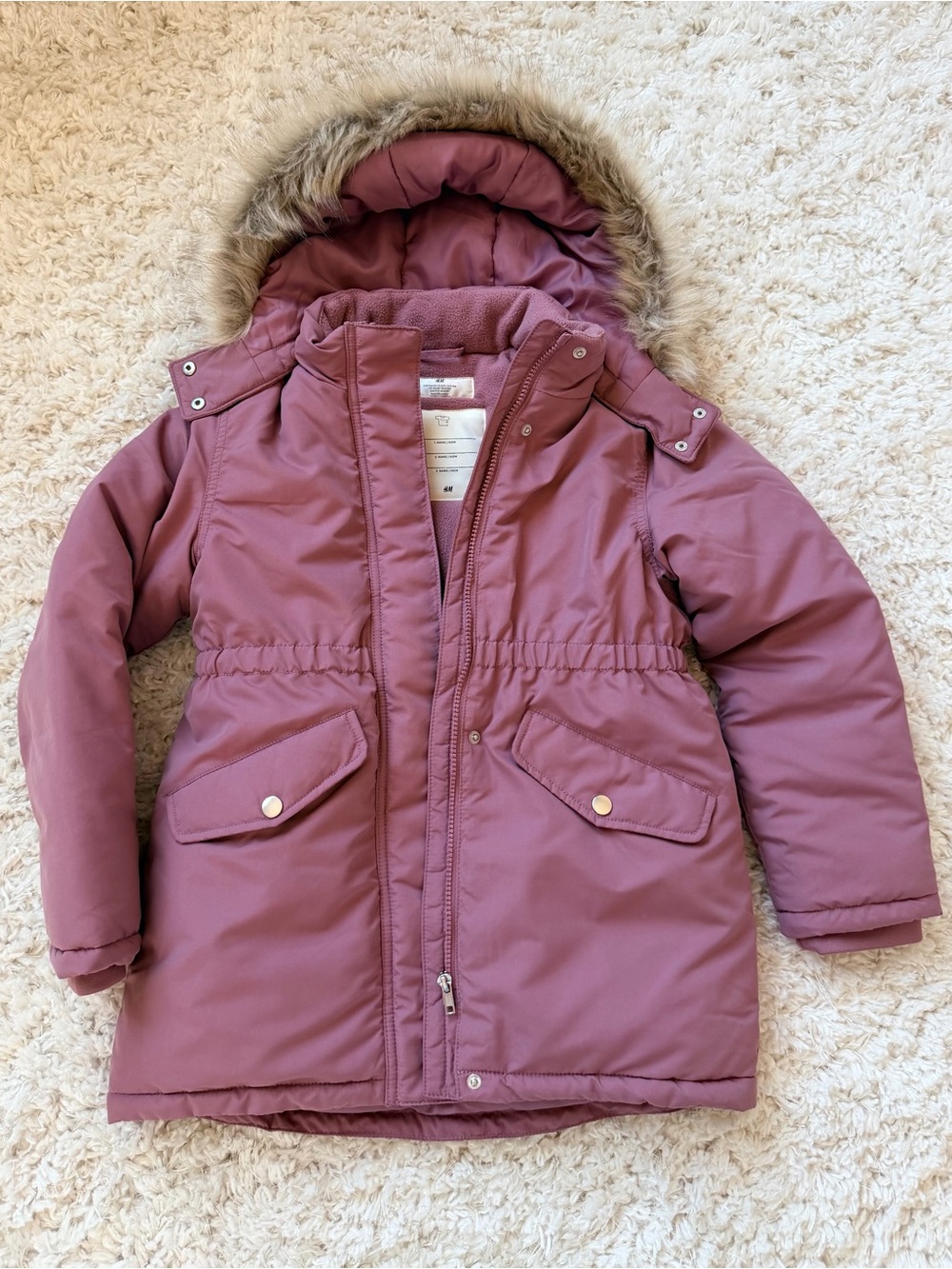 Girl 8/10 H&M Mauve Hooded Winter Coat with Faux Fur Trim